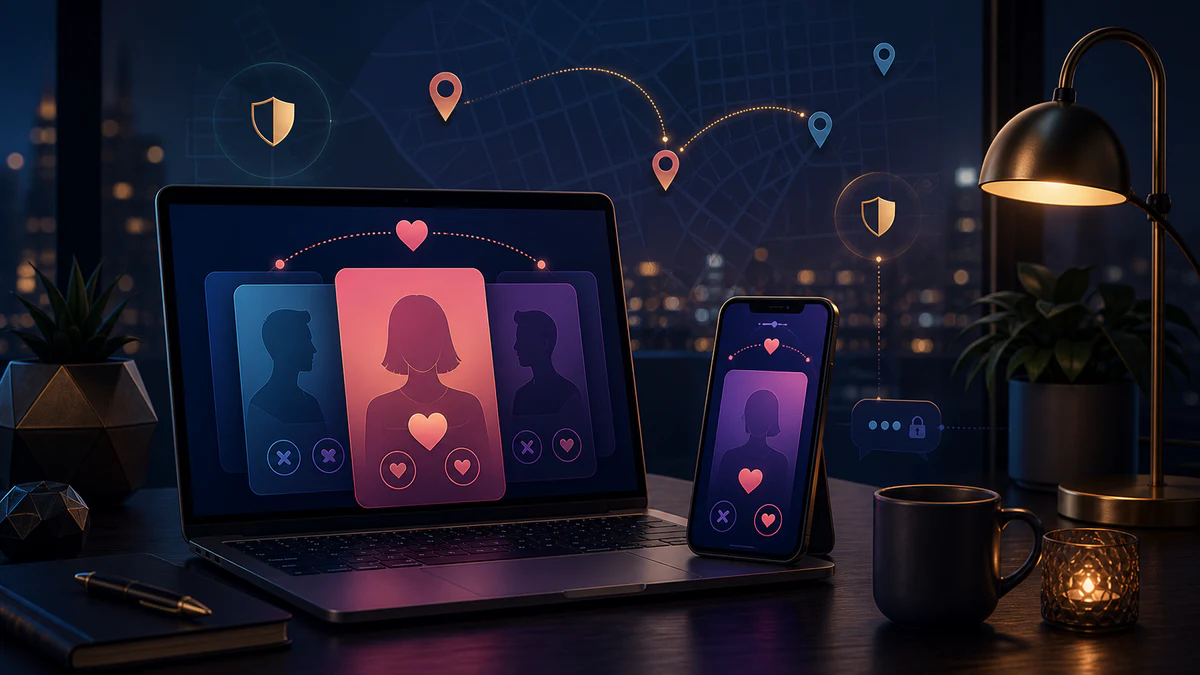 Editorial illustration of dating profile cards on a laptop and phone with map pins and privacy shields